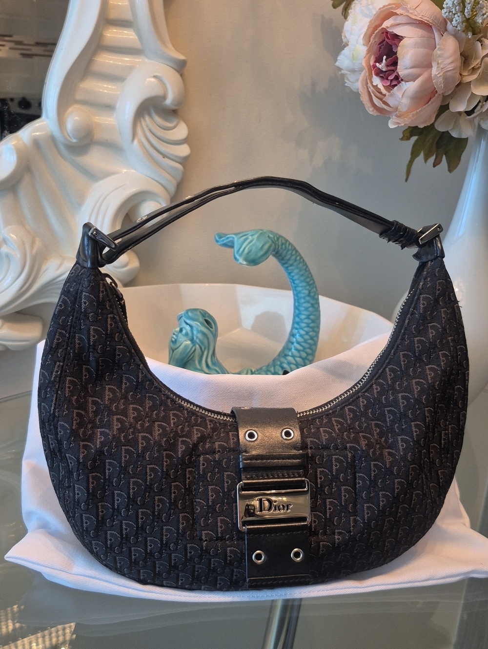 Vintage Dior Black Monogram Crescent Shoulder Bag with Silver Hardware